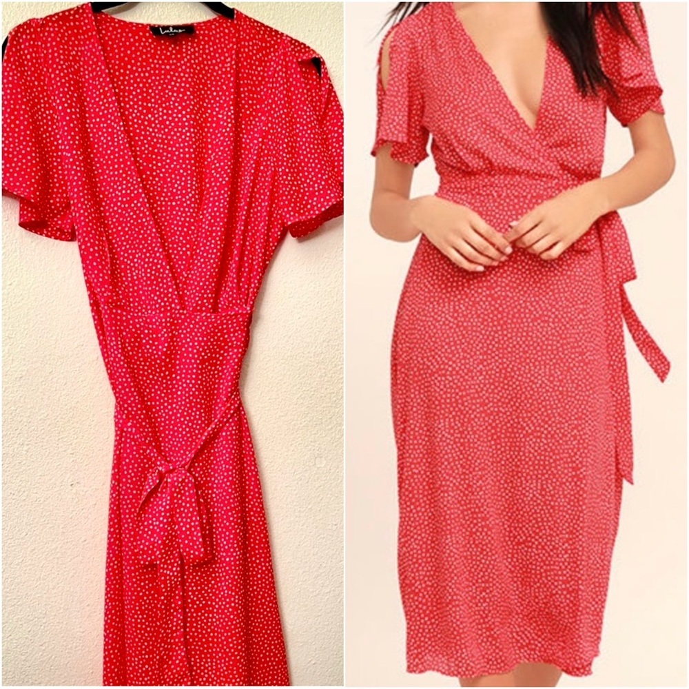 Lulus Polka Dot Red Wrap Midi Dress